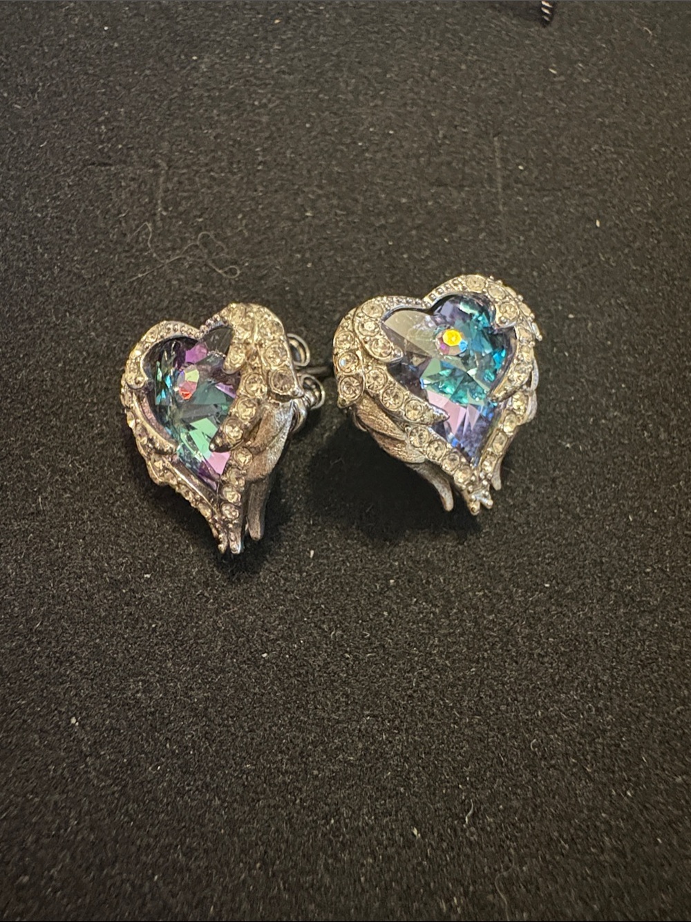 Iridescent Silver Heart Earrings with Clear Crystal Accents - Blue & Purple